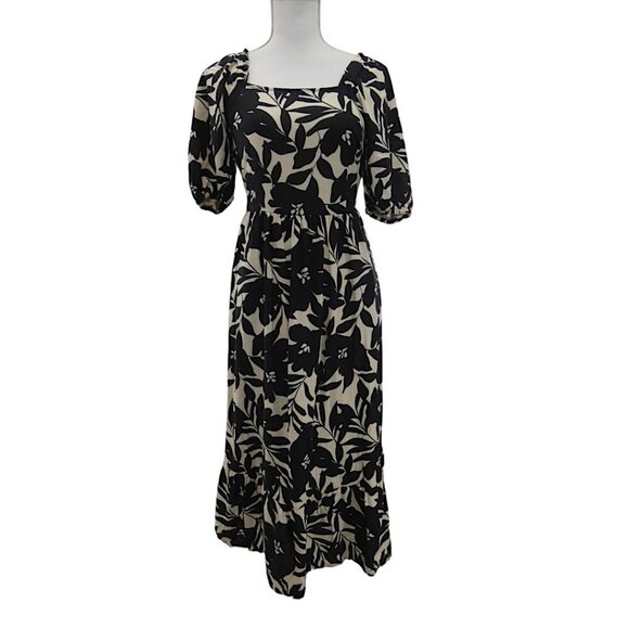 Cottagecore Black Tan Linen Puff Sleeve Tie Back Cutout Midi Dress Size S Floral - Picture 9 of 13